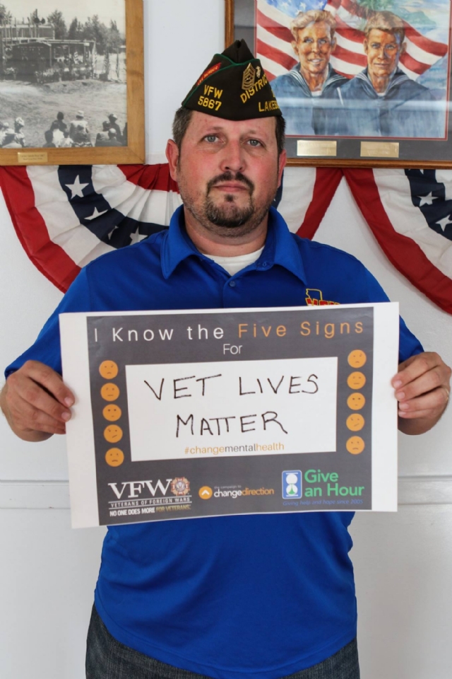 District 1 Senior Vice Commander Steven Williams shows his support of Veterans and understanding the five signs of mental suffering. The goal of the Campaign to Change Direction is to change the culture of mental health in America so that all of those in need receive the care and support they deserve. The Campaign encourages all Americans to pay attention to their emotional well-being – and it reminds us that our emotional well-being is just as important as our physical well-being.